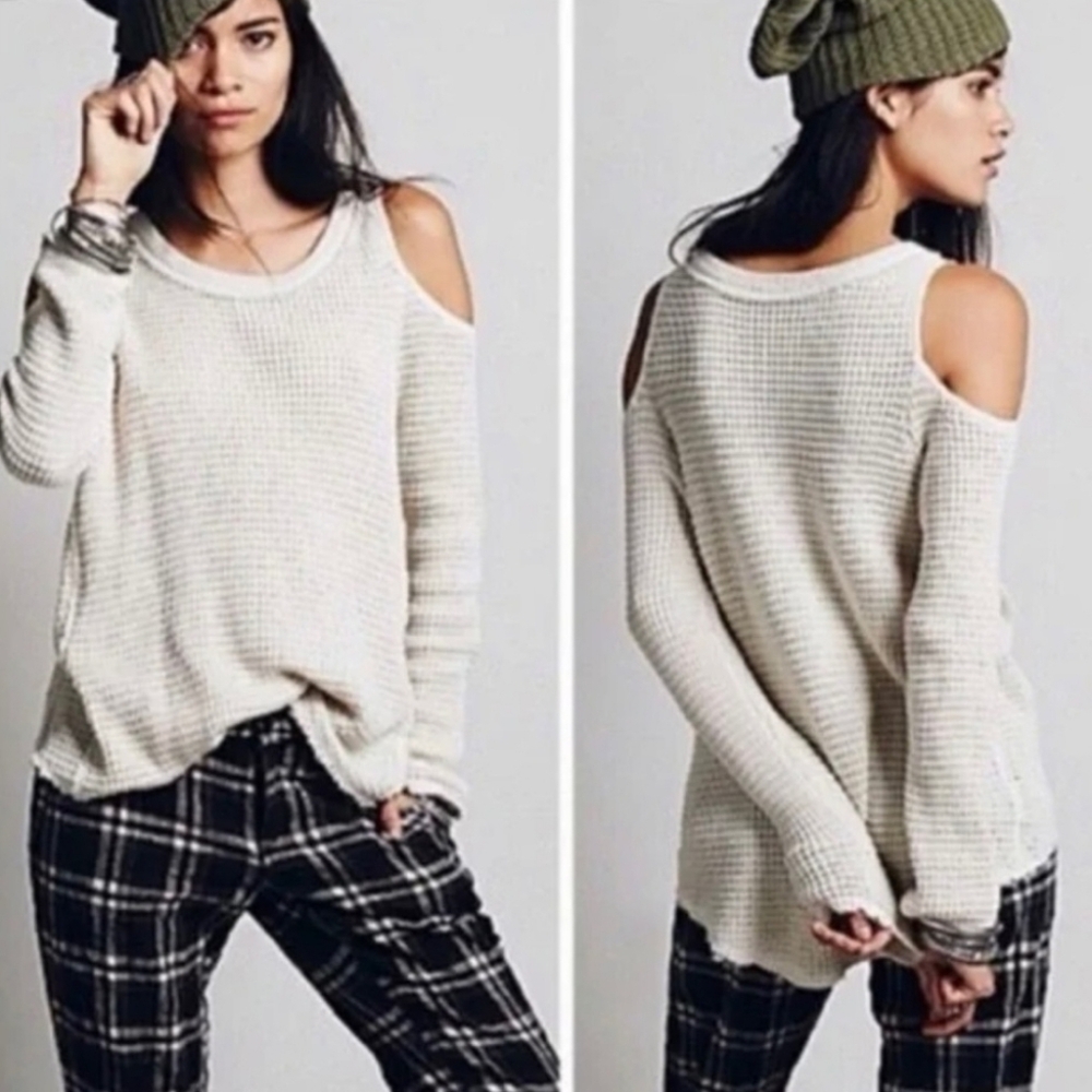 Free People Open Shoulder Waffle Knit Cream Sweater Size Large